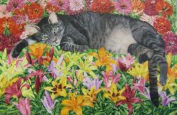 cat laying on flowers